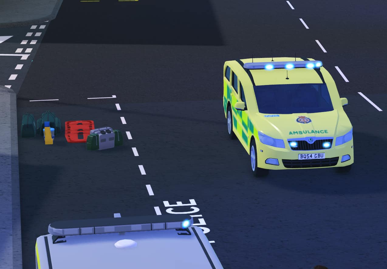 A rapid response vehicle on blue lights